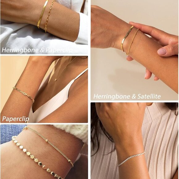 Waterproof Gold Bracelets Set 14K Plated Dainty Stackable Jewelry for Women - Picture 7 of 9